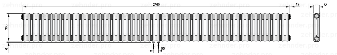 Схема (чертеж) Радиатор Zehnder Charleston 2030/60 №3470 Белый глянцевый RAL 9016